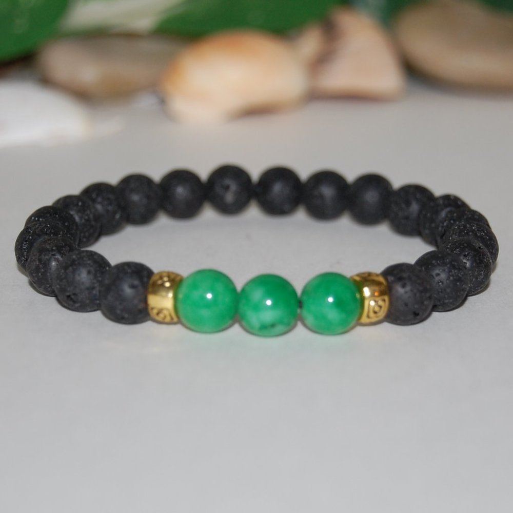 Lava Bracelet,Lava and Jade Bracelet,Black and Green Bracelet,Lava Stone Beads